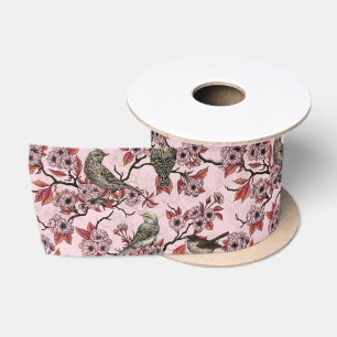 Lazo De Raso Pájaros y flor de cerezo sobre rosa salmón