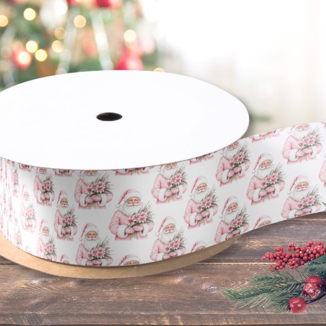 Lazo De Raso Papá Noel Navidad Rosa (Santa Claus Pink Christmas Satin Ribbon)