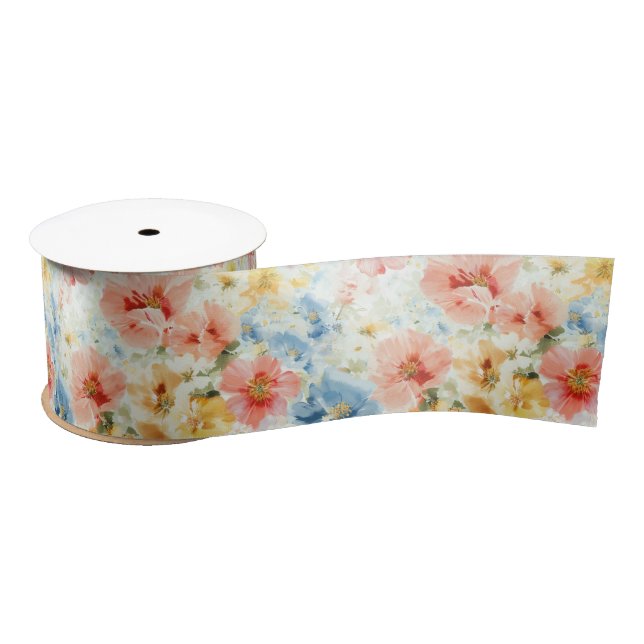 Lazo De Raso Papel Regalo Flores Acuarela Boho Flores Silvestre (Carrete)