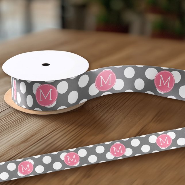 Lazo De Raso Paquetes de polka rosa y gris pastel con monograma (Custom Ribbon - add your personalized text)