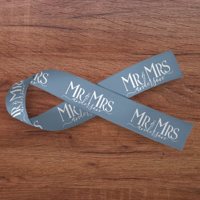 Lazo De Raso Pareja de recién casados de azul polvoriento boda  (Dusty Blue Mr & Mrs Newlywed Couple Wedding Satin Ribbon
)
