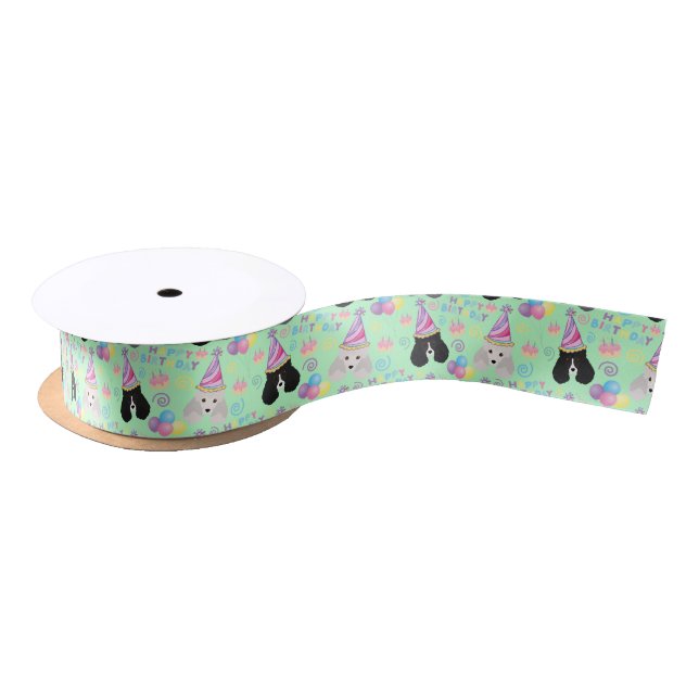 Lazo De Raso Parti Poodle Birthday Satin Ribbon in Green (Carrete)