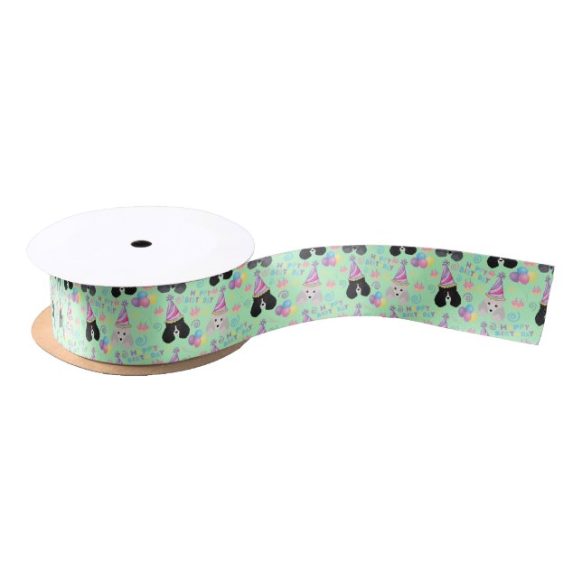 Lazo De Raso Parti Poodle Birthday Satin Ribbon in Green (Carrete)