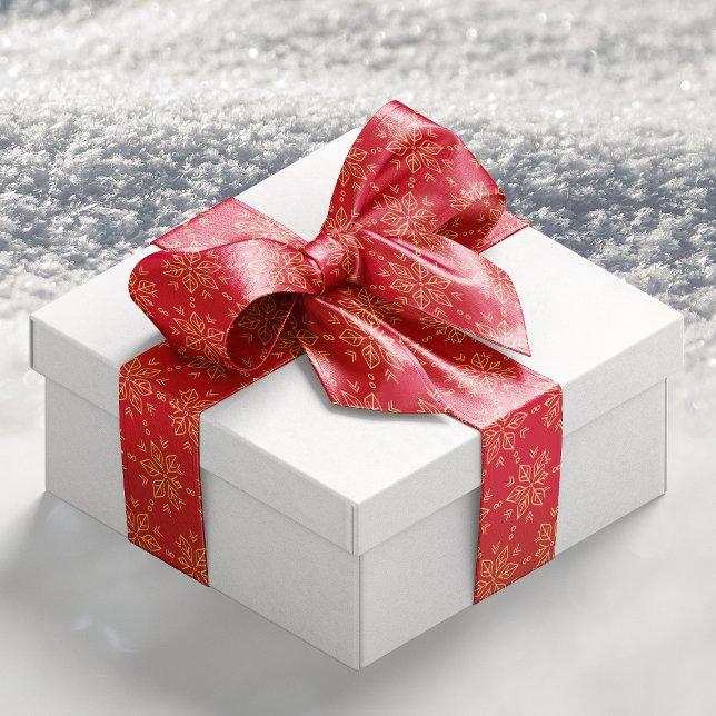 Lazo De Raso Patrón clásico de copo de nieve rojo dorado (Classic Gold Red Snowflake Pattern Satin Ribbon)