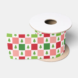 Lazo De Raso Patrón de árbol de navidad de cheques - rojo, rosa