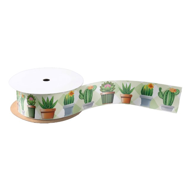 Lazo De Raso Patrón de Cactus de Gingham Verde (Carrete)