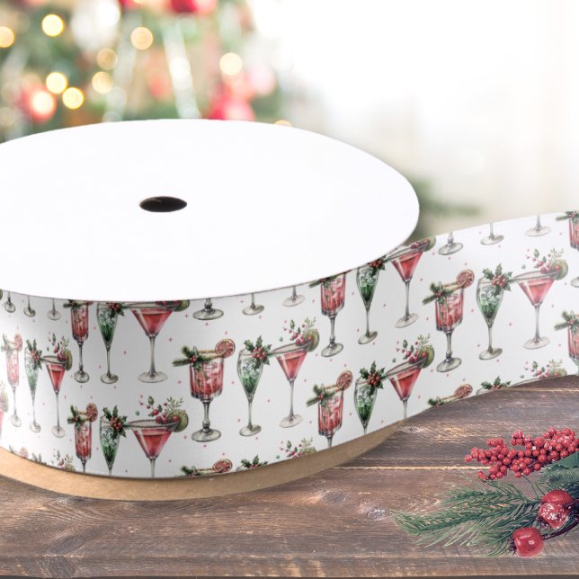 Lazo De Raso Patrón de cóctel navideño adorable (Cute Christmas Cocktail Pattern Satin Ribbon)