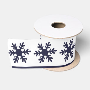 Lazo De Raso Patrón de copo de nieve marina azul feriado blanco