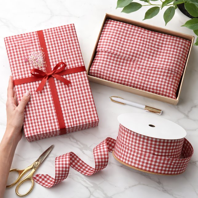 Lazo De Raso Patrón de Cuadro de Gingham Rojo Aurora Mini (Mini Aurora Red Gingham Check Pattern Set )