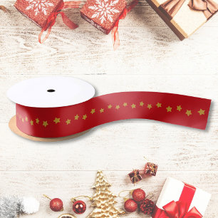 Lazo De Raso Patrón de Estrellas Doradas de Navidad Rojo