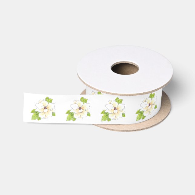 Lazo De Raso Patrón de flor de color acuático y pluma magnolia (Carrete)