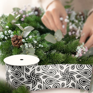 Lazo De Raso Patrón de flor de paisley floral blanco y negro de