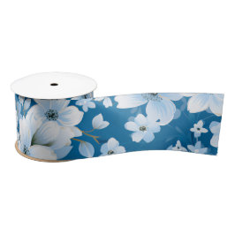 Lazo De Raso patrón de flores blancas, fondo azul,