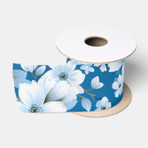 Lazo De Raso patrón de flores blancas, fondo azul,