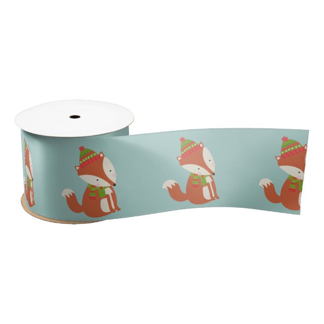 Lazo De Raso Patrón de Fox Cute - Navidades verdes Aqua (Carrete)