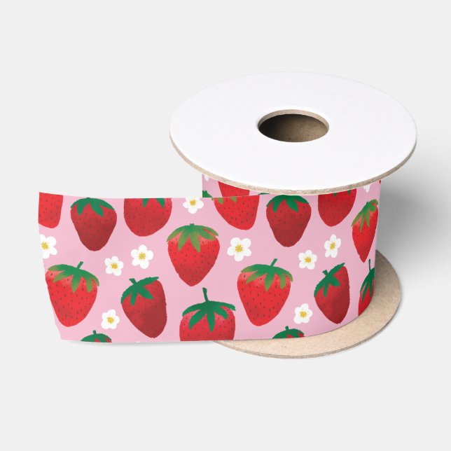 Lazo De Raso Patrón de fresas dulces sobre rosa (Carrete)
