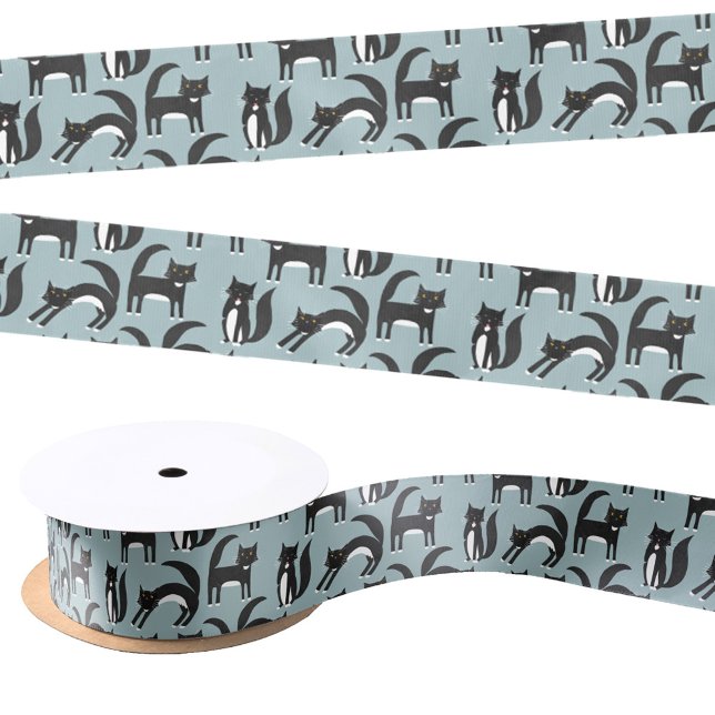 Lazo De Raso Patrón de gato gatito negro y blanco (Black and white Tuxedo cat fun satin ribbon for animal lovers)
