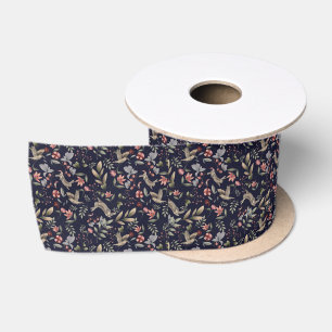 Lazo De Raso Patrón de hojas florales de animales de bosque azu