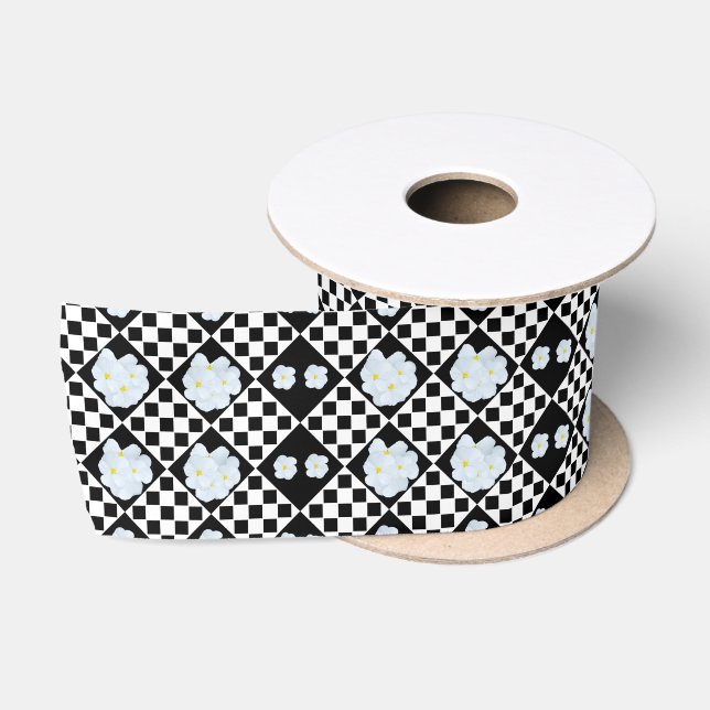 Lazo De Raso Patrón de pansy negro y blanco (Carrete)