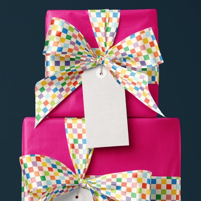 Lazo De Raso Patrón de tablero de cheques de arcoiris colorido (checkerboard patterned ribbon in cream and a rainbow of colors)