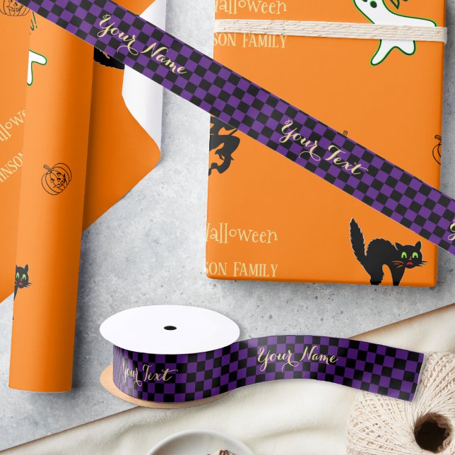 Lazo De Raso Patrón de verificación negra púrpura de Halloween  (Birthday Halloween Purple Black Checkered Pattern Satin Ribbon)