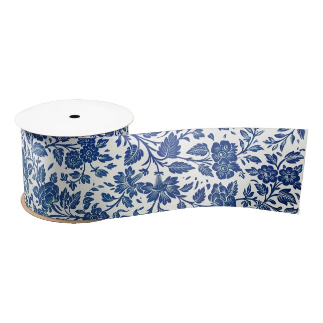 Lazo De Raso Patrón floral azul (Carrete)