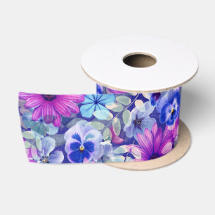 Lazo De Raso Patrón floral azul magenta rosa