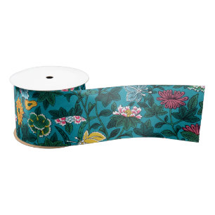 Lazo De Raso Patrón floral azul Verde azulado verde rojo rosa a
