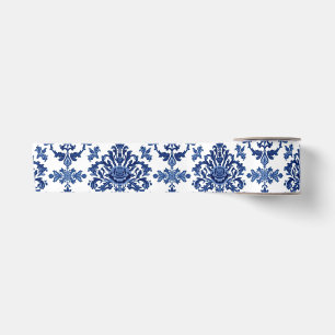 Lazo De Raso Patrón floral barroco de lujo azul real y blanco
