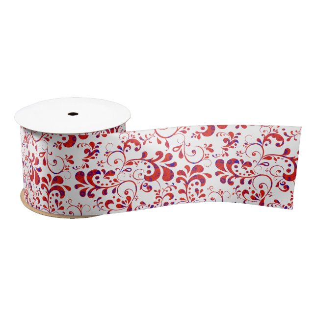 Lazo De Raso Patrón floral blanco y rojo (Carrete)
