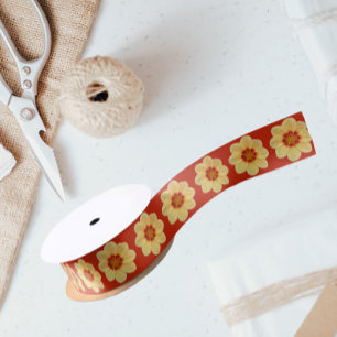 Lazo De Raso Patrón floral Dahlia amarillo en rojo