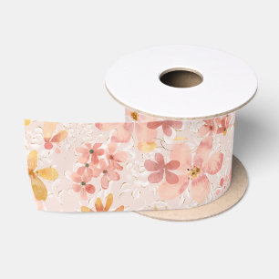 Lazo De Raso Patrón floral de acuarela rosa sonrojado
