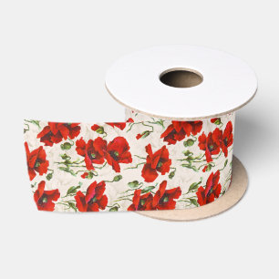 Lazo De Raso Patrón Floral de Amapola Roja Vintage Arte Botánic