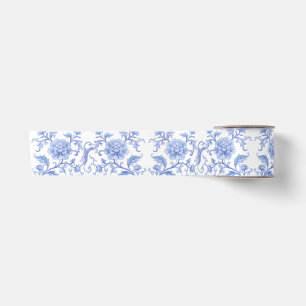 Lazo De Raso Patrón floral de Chinoiserie azul vintage blanco