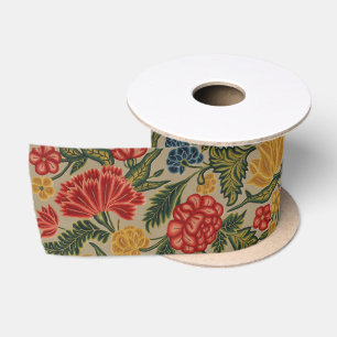 Lazo De Raso Patrón Floral de Crewel Rojo y Dorado Antiguo
