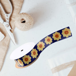 Lazo De Raso Patrón floral de Dahlia amarillo en azul