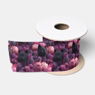 Lazo De Raso Patrón floral surrealista de gato negro y peonía r