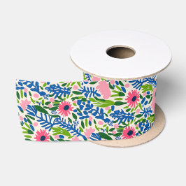 Lazo De Raso Patrón Maximalista Verde Rosa Azul Floral Negrita