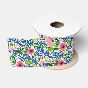 Lazo De Raso Patrón Maximalista Verde Rosa Azul Floral Negrita