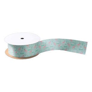Lazo De Raso Patrón verde Pastel Rosa Flamingos