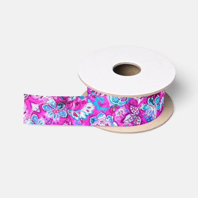 Lazo De Raso Patrones de flores rosadas azules lindas (Carrete)