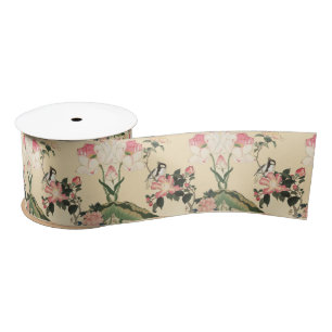 LAZO DE RASO PEQUEÑO PÁJARO CON ROSAS ROSADAS Y FLORES DE LOTUS