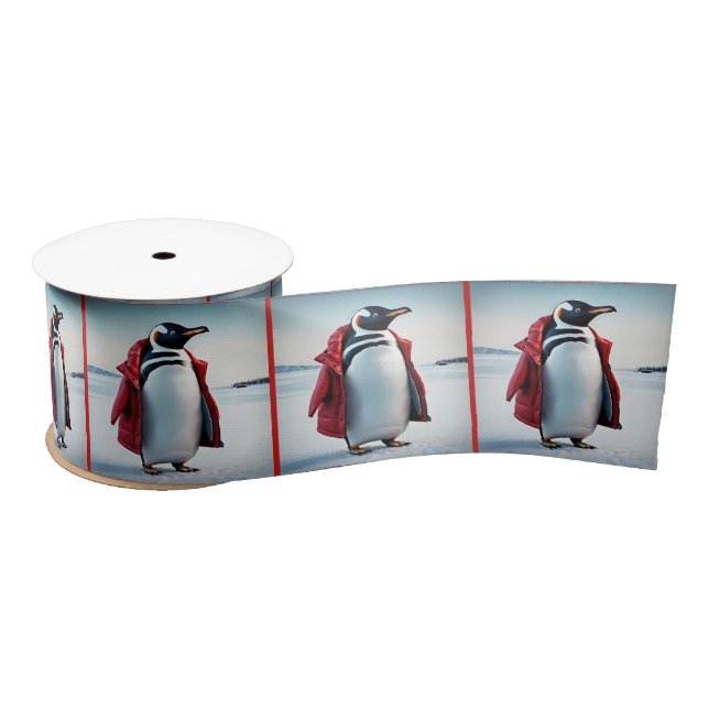 Lazo De Raso Pingüino navidad Con Abrigo Rojo (Carrete)