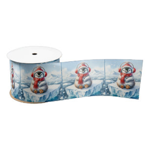 Lazo De Raso Pingüino navidad En Copos De Nieve
