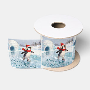 Lazo De Raso Pinguino patinando sobre hielo Feliz Navidad