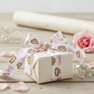 Lazo De Raso Pink Coquette Bow and Tiara Pattern Satin Ribbon