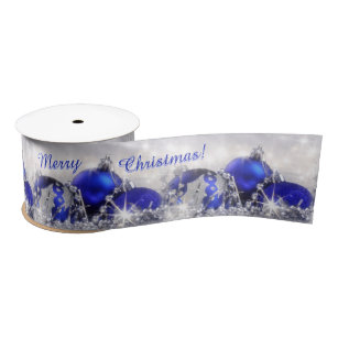 Lazo De Raso Plata y cinta de satén azul de las Felices Navidad