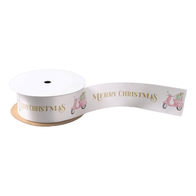 Lazo De Raso Preppy Pink Moped Merry Christmas Ribbon (Carrete)