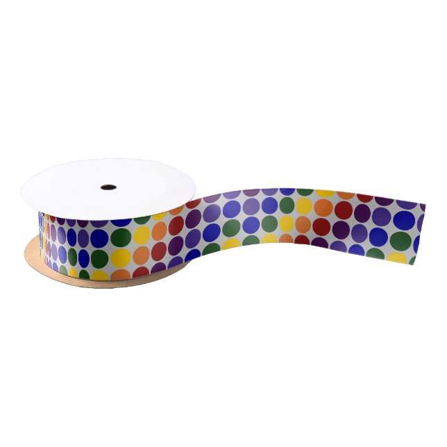 Lazo De Raso Puntos de polka arcoiris sobre gris (Carrete)