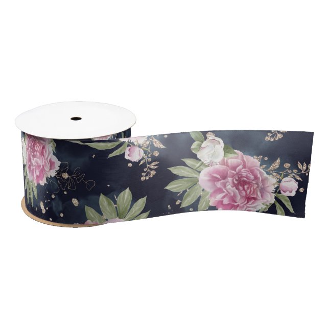 Lazo De Raso Purpurina acuarela Floral azul rosa Glam (Carrete)